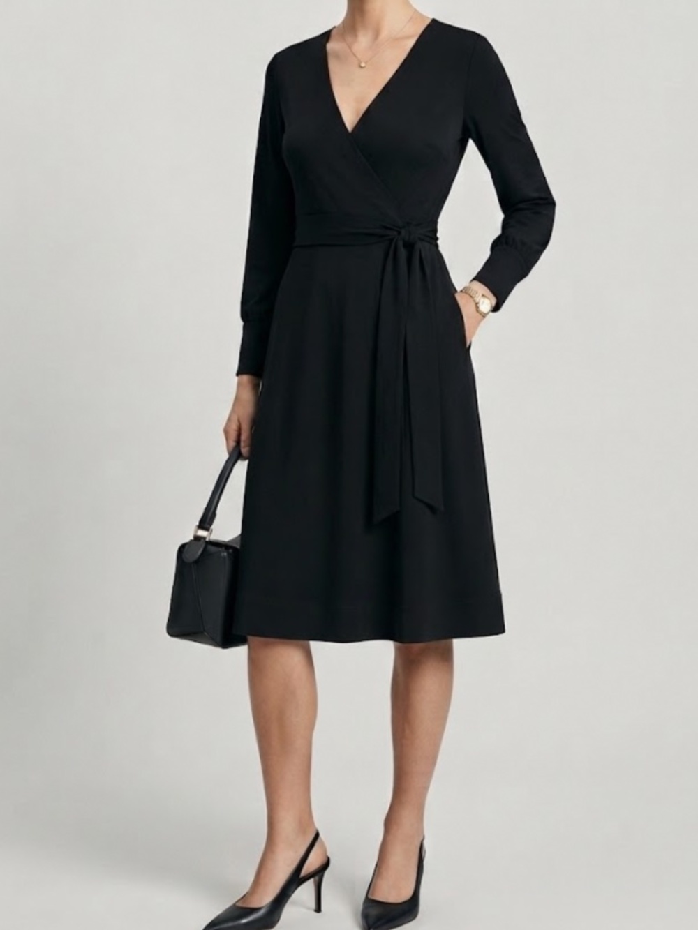 Theory Black Wrap Dress Ballet Style V- Neck 3/4 Poet Sleeve Jersey Knit Size S